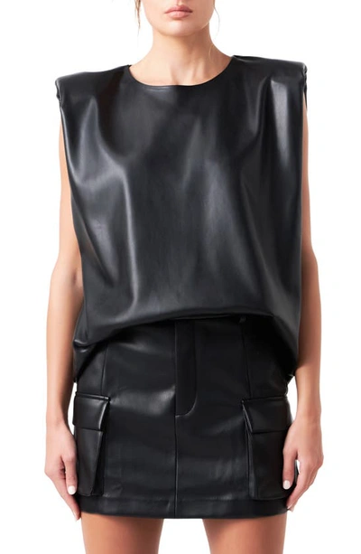 Grey Lab Women's Shoulder Padded Leather Top In Black