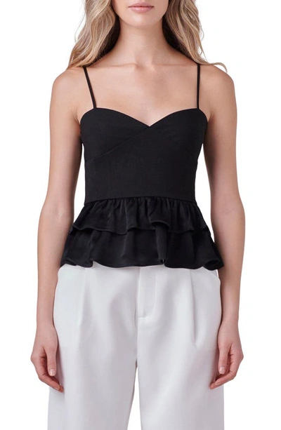Endless Rose Mixed Media Layered Ruffle Camisole In Black