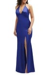 After Six Plunge Neck Charmeuse Halter Gown In Cobalt Blue