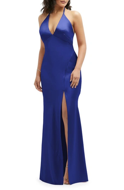 AFTER SIX PLUNGE NECK CHARMEUSE HALTER GOWN