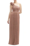 After Six Ruffle One-shoulder Metallic Column Gown In Sienna Metallic