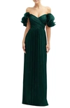 After Six Ruffle Off The Shoulder Metallic Column Gown In Evergreen Metallic