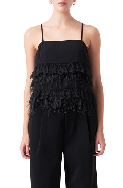 Endless Rose Women's Lace & Feather Trim Tank Top In Black