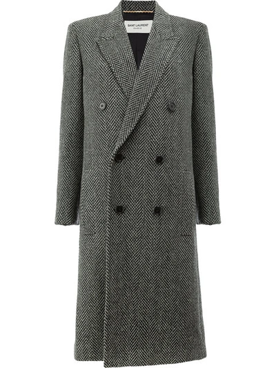 Saint Laurent Herringbone Wool-blend Coat In Noir-blancbianco