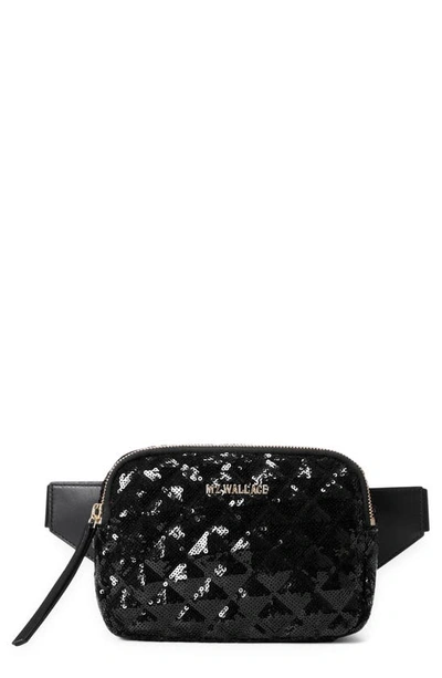 Mz Wallace Madison Sequins Quilted Belt Bag In Black Sequin/light Gold