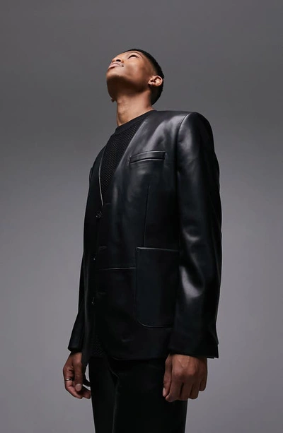 Topman Faux Leather Oversized Blazer In Black