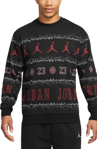 Jordan Essentials Holiday Fair Isle Crewneck Sweatshirt In Black
