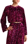 Avec Les Filles Sequin Long Sleeve Crop Blouse In Ruby