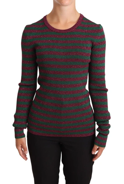 DOLCE & GABBANA DOLCE & GABBANA ELEGANT MAROON AND GREEN STRIPED CREWNECK WOMEN'S SWEATER