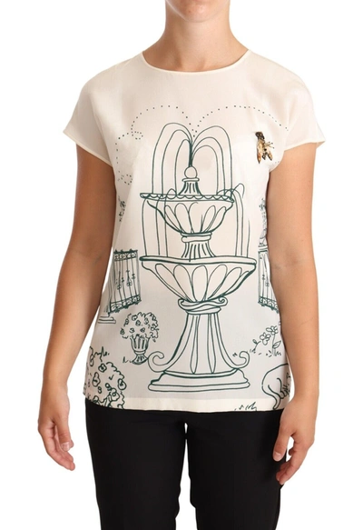 Dolce & Gabbana Elegant Silk Botanical Garden Fountain Tee In White