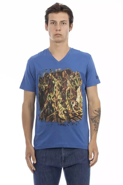 Trussardi Action Elegant V-neck Tee With Chic Front Men's Print In Blue