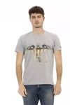 TRUSSARDI ACTION TRUSSARDI ACTION ELEVATED CASUAL GRAY TEE WITH UNIQUE FRONT MEN'S PRINT