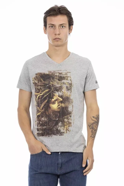 Trussardi Action Chic Gray V-neck Tee With Stylish Front Men's Print