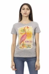 TRUSSARDI ACTION TRUSSARDI ACTION CHIC GRAY COTTON BLEND TEE WITH ARTISTIC WOMEN'S PRINT