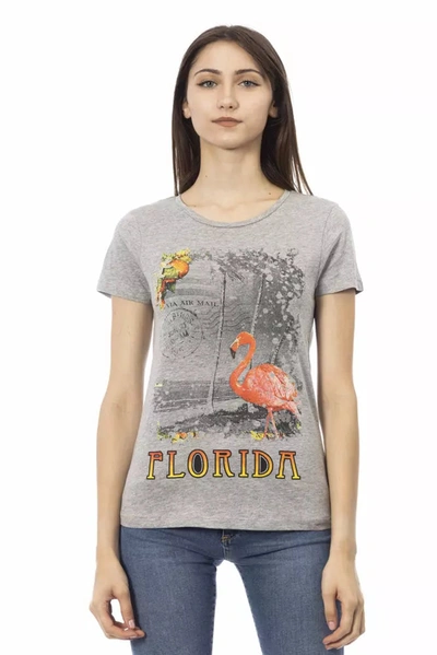 Trussardi Action Chic Gray Round Neck Tee With Front Women's Print