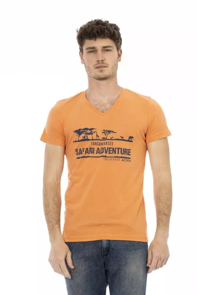 TRUSSARDI ACTION TRUSSARDI ACTION ORANGE V-NECK TEE WITH FRONT MEN'S PRINT