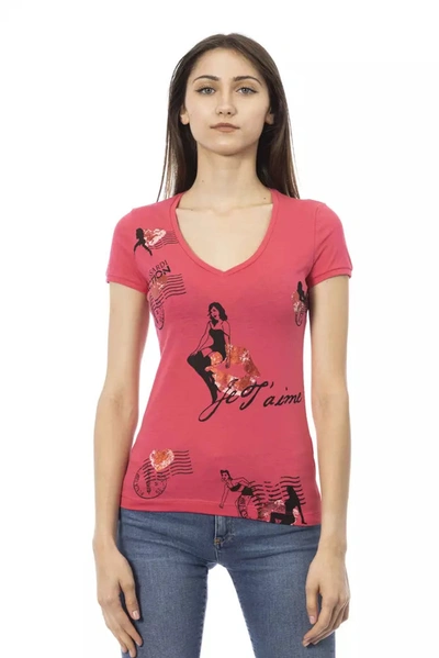 Trussardi Action V-neck Cotton Blend Tee With Chic Front Women's Print In Pink