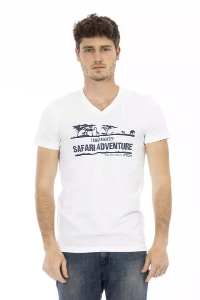 Trussardi Action Sophisticated V-neck Tee With Artful Men's Print In White