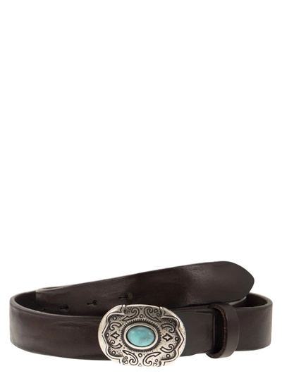Alberto Luti Leather Belt With Engraved Buckle In Dark Brown