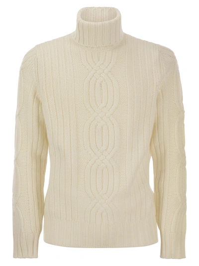 Brunello Cucinelli Braided Cashmere Turtleneck Sweater In White