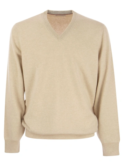 Brunello Cucinelli Cashmere V-neck Jumper In Sand