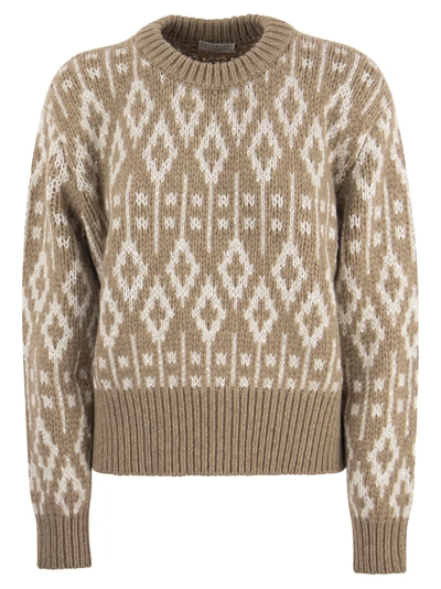 Brunello Cucinelli Dazzling Vintage Jacquard Cashmere Sweater Feather In Beige