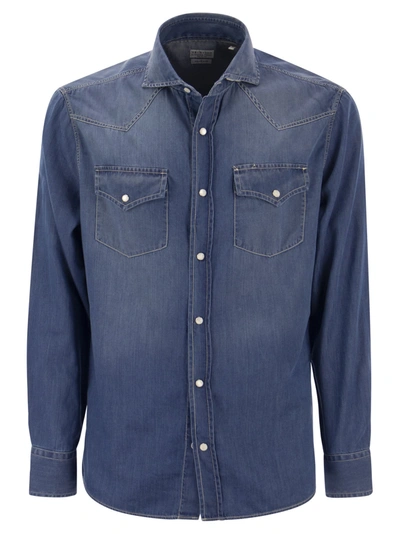 Brunello Cucinelli Easy Fit Shirt In Light Denim With Press Studs In Navy