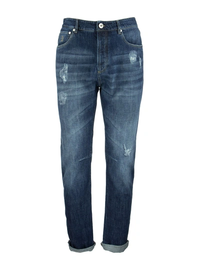 BRUNELLO CUCINELLI BRUNELLO CUCINELLI FIVE POCKET LEISURE FIT TROUSERS IN OLD DENIM WITH RIPS