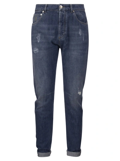 BRUNELLO CUCINELLI BRUNELLO CUCINELLI FIVE POCKET LEISURE FIT TROUSERS IN OLD DENIM WITH RIPS