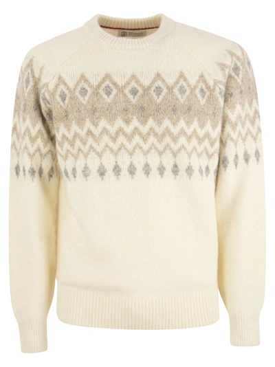 Brunello Cucinelli Icelandic Jacquard Buttoned Jumper In Alpaca, Cotton And Wool In Panama/grey/sand