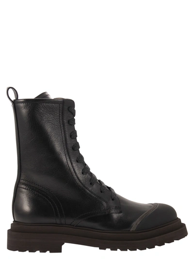 Brunello Cucinelli Leather Boot With Precious Contour In Black