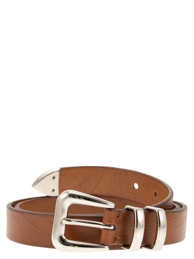 Brunello Cucinelli Leather Scratched Belt With Tip In Brown
