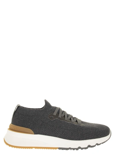 Brunello Cucinelli Runners In Cotton Knit And Semi-glossy Calf Leather In Black