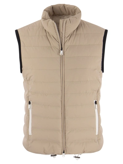 Brunello Cucinelli Sleeveless Down Jacket In Membraned Nylon With Monile In Beige