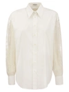 Brunello Cucinelli Stretch Cotton Poplin Shirt With Crispy Silk Broderie Anglaise Sleeve