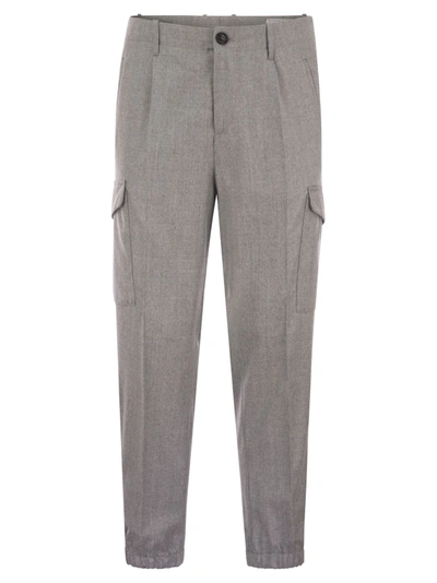 Brunello Cucinelli Virgin Wool Trousers With Cargo Pockets And Bottom Zip In Grey