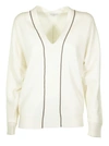 BRUNELLO CUCINELLI BRUNELLO CUCINELLI WHITE V NECK SWEATER CASHMERE SWEATER WITH MONILI