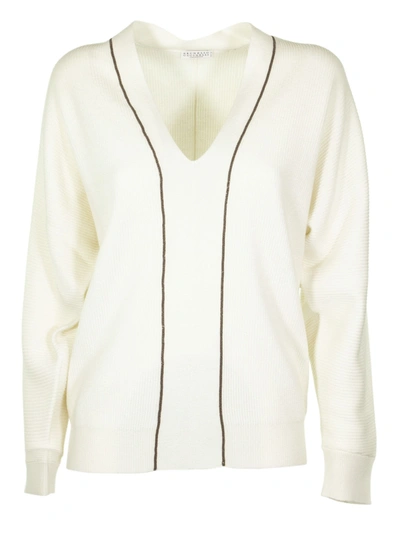 BRUNELLO CUCINELLI BRUNELLO CUCINELLI WHITE V NECK SWEATER CASHMERE SWEATER WITH MONILI