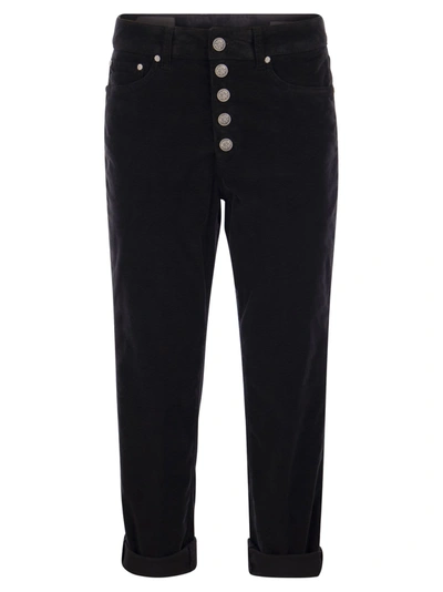 DONDUP DONDUP KOONS MULTI STRIPED VELVET TROUSERS WITH JEWELLED BUTTONS