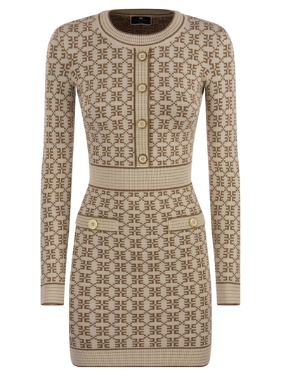 Elisabetta Franchi Jacquard Logo Knit Minidress In Butter/camel