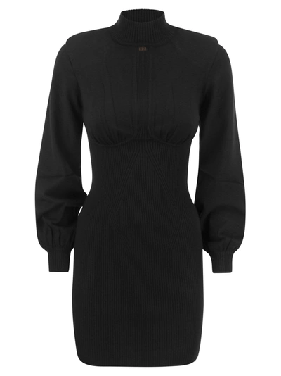 Elisabetta Franchi Ribbed Mini Dress With High Neck And Cups In Black