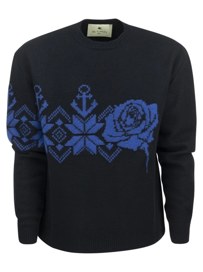 Etro Paisley Print Round Neck Pullover In Navy Blue