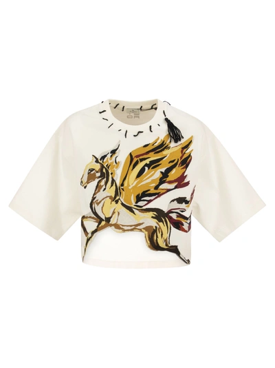 Etro Woman White Crop T-shirt With Pegasus And Cube Logo