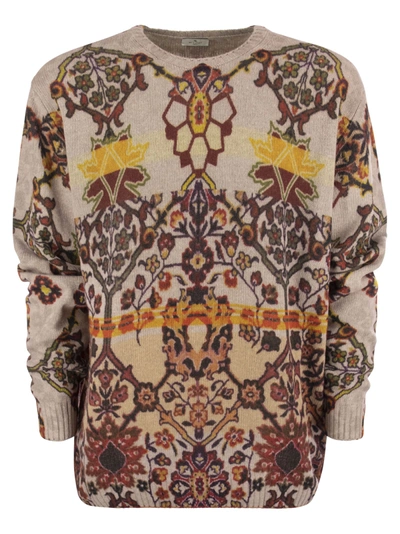 Etro Virgin Wool Jumper With Print In Beige