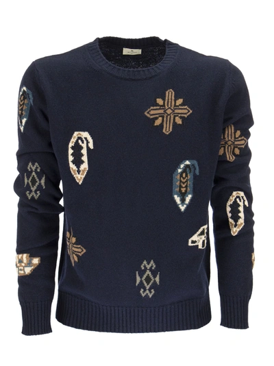 Etro Intarsia Knitted Crewneck Jumper In Navy