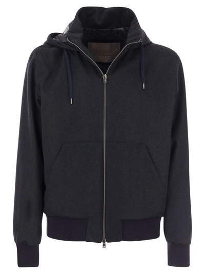 Herno Cashmere And Silk Hooded Jacket In Navy Blue