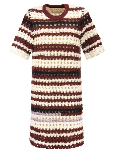 Marni 3d Crochet Intarsia Dress With Irregular Stripes In Bordeaux