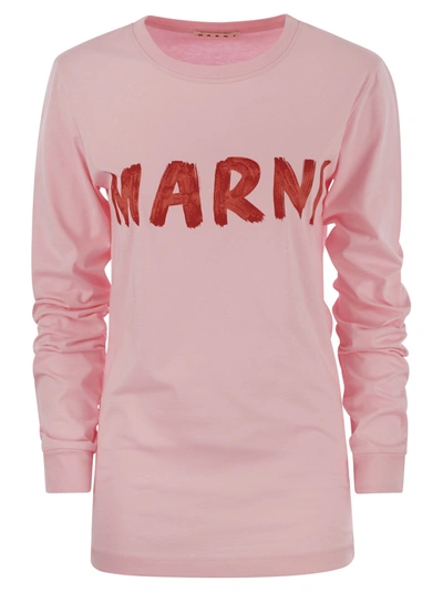 Marni Long-sleeved Cotton T-shirt With  Lettering In Pink