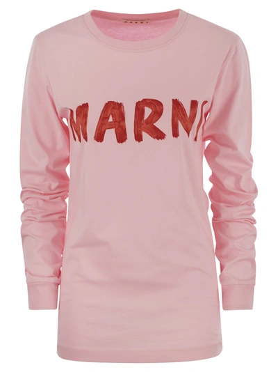 MARNI MARNI LONG SLEEVED COTTON T SHIRT WITH MARNI LETTERING