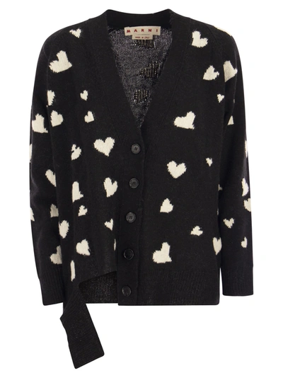 MARNI MARNI LONG WOOL CARDIGAN WITH BUNCH OF HEARTS MOTIF